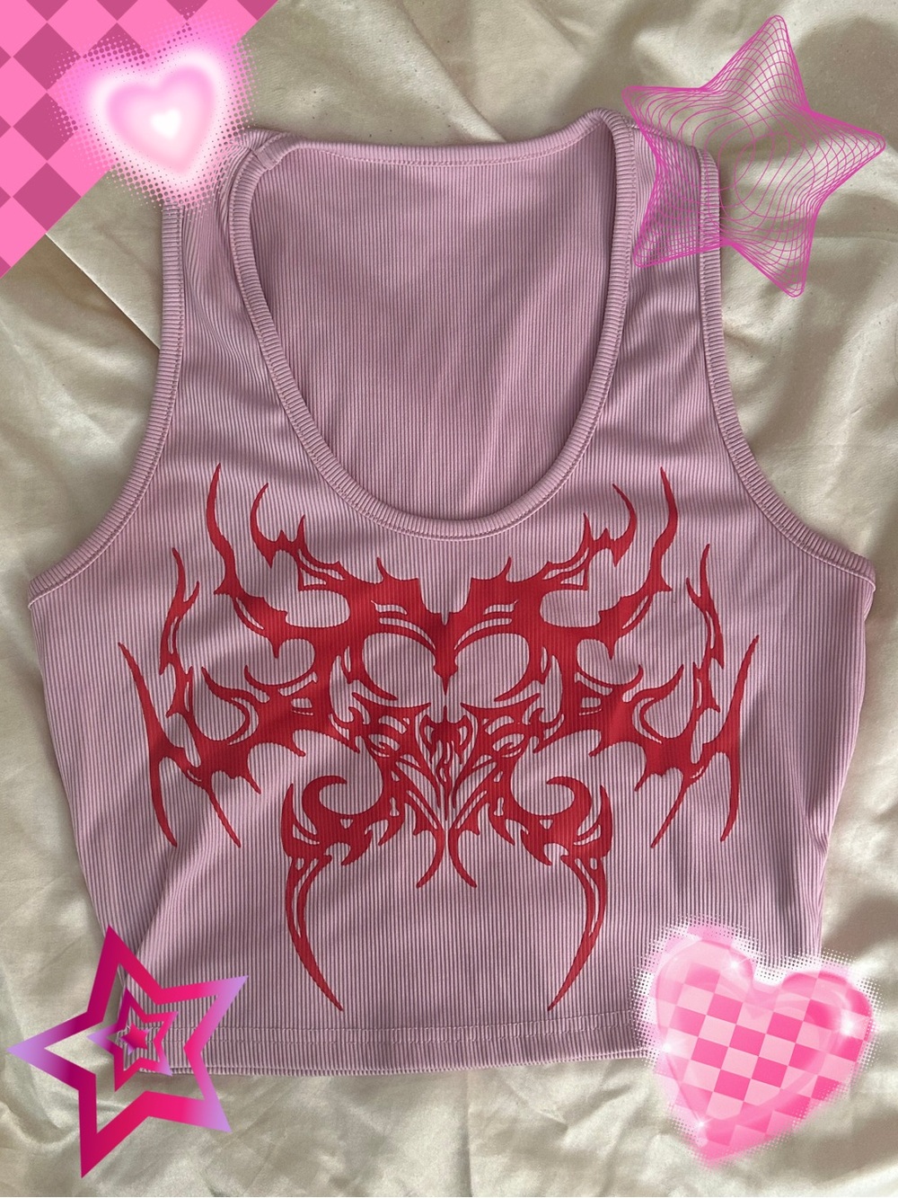 Y2k Pink Ribbed Tank Top with Red Graphic - Crop Top